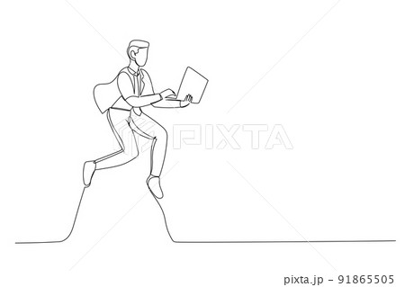 Continuous line illustration of excited guy jumping up with laptop in hands isolated on white background Continuous line illustration of excited guy jumping up with laptop in hands isolated on white background 91865505