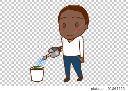 (Whole body diagonal) An African man who carefully sprinkles water on the seeds that have sprouted from the seeds planted in the pot. 91865533