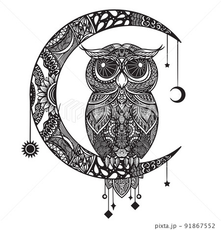 Cute owl on half moon with stars Adult anti stress coloring book or tattoo  boho style Stock Vector  Adobe Stock