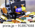 Drug prescription for treatment medication. Pharmaceutical medicament, cure in container for health. Pharmacy theme, capsule pills with medicine antibiotic in packages. blue yellow medicine Ukraine 91867688