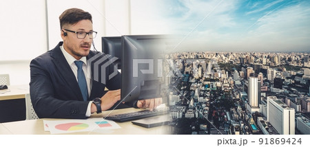 Business people wearing headset working in office broaden view 91869424