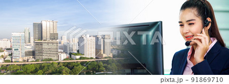 Business people wearing headset working in office in widen view 91869710