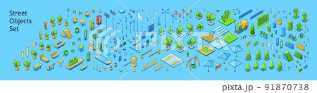 Street objects set, isometric trees, road signs 91870738