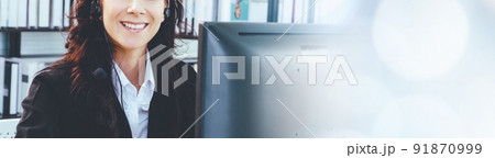 Call center or customer support agent in broaden view panorama banner Call center or customer support agent in broaden view panorama banner 91870999