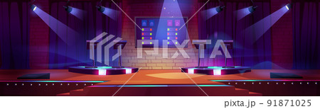 Quiz game stage interior with stands, spotlights Quiz game stage interior with stands, spotlights 91871025