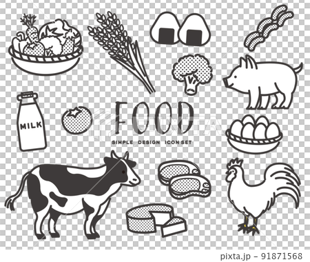 シンプルでかわいい動物とお米や野菜などのアイコンベクターイラスト素材／畜産／食材 91871568