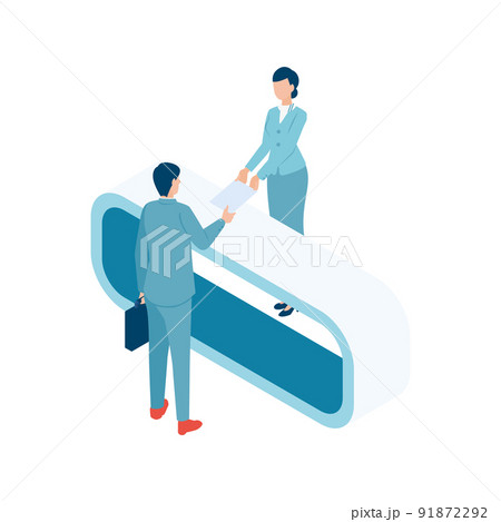 展示会ブースの受付でカタログを受け取る男性のアイソメイラスト 91872292