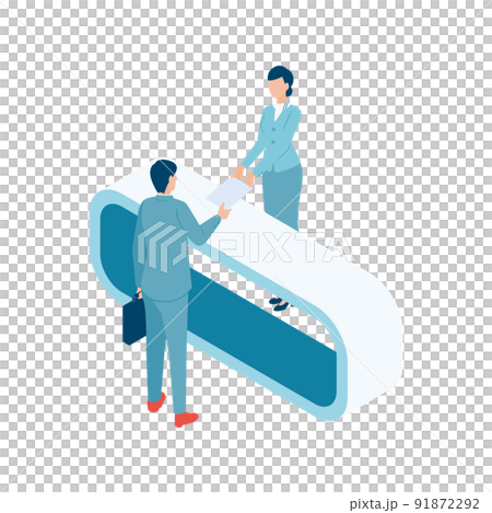 展示会ブースの受付でカタログを受け取る男性のアイソメイラスト 91872292