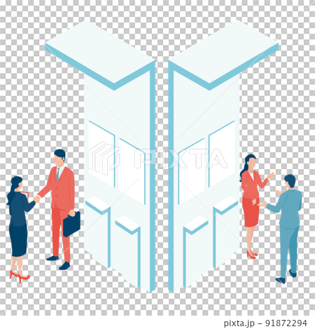 展示会ブースで商談をするビジネスパーソンのアイソメイラストのイラスト素材