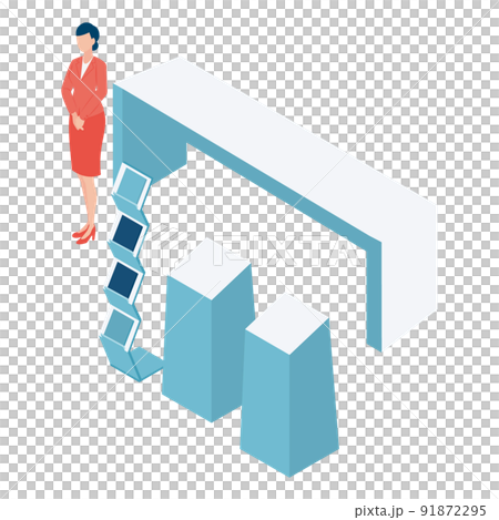 接待處的展位固定裝置和女性等距插圖 接待處的展位固定裝置和女性等距插圖 91872295