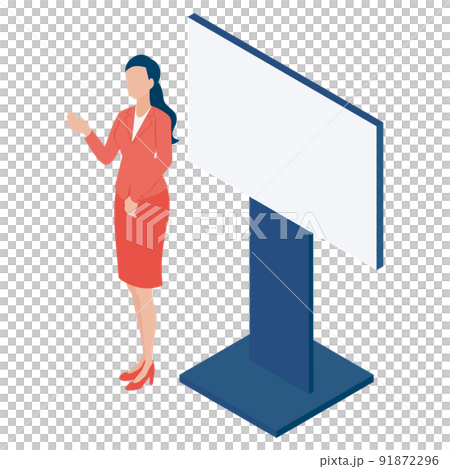 大型モニターで発表をする女性のアイソメイラスト 大型モニターで発表をする女性のアイソメイラスト 91872296