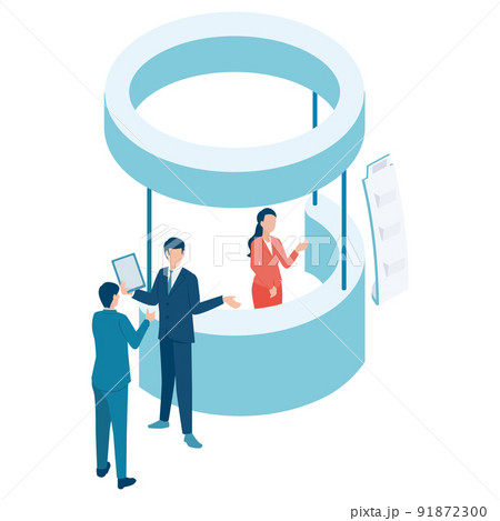 展示会のブースで商談をするビジネスパーソンのアイソメイラスト 91872300