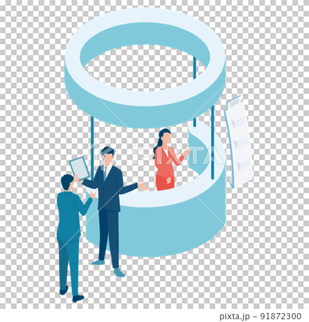 展示会のブースで商談をするビジネスパーソンのアイソメイラスト 91872300