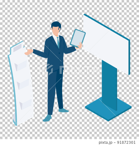 一個人在大型顯示器上呈現的等距插圖 一個人在大型顯示器上呈現的等距插圖 91872301