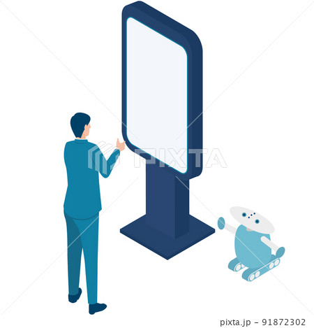大型サイネージで情報収集をする男性のアイソメイラスト 大型サイネージで情報収集をする男性のアイソメイラスト 91872302
