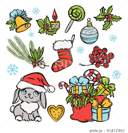 HAPPY NEW YEAR SET COLOR LINE Christmas Decoration Set With Cute Rabbit In Santa Hat Holiday Gifts Sweets Berries Bell Christmas Branch Lollipop And Sock HAPPY NEW YEAR SET COLOR LINE Christmas Decoration Set With Cute Rabbit In Santa Hat Holiday Gifts Sweets Berries Bell Christmas Branch Lollipop And Sock 91872902