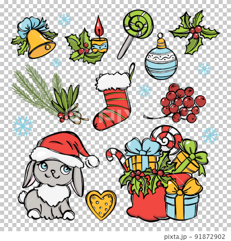 HAPPY NEW YEAR SET COLOR LINE Christmas Decoration Set With Cute Rabbit In Santa Hat Holiday Gifts Sweets Berries Bell Christmas Branch Lollipop And Sock HAPPY NEW YEAR SET COLOR LINE Christmas Decoration Set With Cute Rabbit In Santa Hat Holiday Gifts Sweets Berries Bell Christmas Branch Lollipop And Sock 91872902