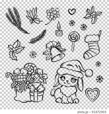 HAPPY NEW YEAR SET LINE Monochrome Christmas Decoration Set With Cute Rabbit In Santa Hat Holiday Gifts Sweets Berries Bell Christmas Branch Lollipop And Sock HAPPY NEW YEAR SET LINE Monochrome Christmas Decoration Set With Cute Rabbit In Santa Hat Holiday Gifts Sweets Berries Bell Christmas Branch Lollipop And Sock 91872903