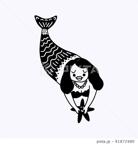 Funny mermaid with a starfish in her hands in the style of doodles. Marine theme. Hand drawing of isolated objects on a white background. Vector illustration. Coloring book. 91872980