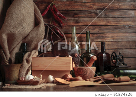 Rat on a table in an old shed. 91874326