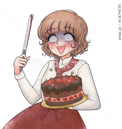 少女漫画風イラスト素材・チョコレートケーキと白目のパティシエール 少女漫画風イラスト素材・チョコレートケーキと白目のパティシエール 91874636