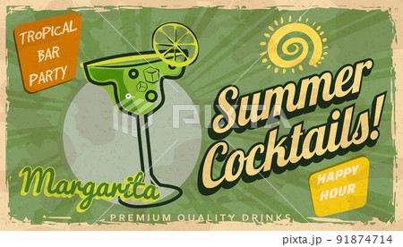 Summer Margarita Cocktail Retro banner. Cocktail lounge vintage background, scratched old textured paper Summer Margarita Cocktail Retro banner. Cocktail lounge vintage background, scratched old textured paper 91874714