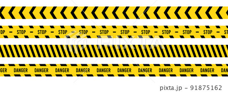 Caution, safety tape. Yellow, black stripe danger tape for atterntion, hazard ribbon. Police, construction area sign banner, barrier symbol 91875162