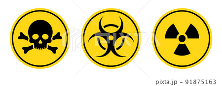 Danger toxic, poison, toxic, biohazard caution sign set. Skull, virus, chemical danger yellow symbol element Danger toxic, poison, toxic, biohazard caution sign set. Skull, virus, chemical danger yellow symbol element 91875163