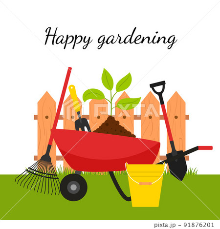 A garden wheelbarrow with a plant and tools on the background of a fence and grass. The concept of growing your garden, caring for plants, gardening, farming. Color vector illustration. on white. 91876201