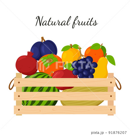 A wooden box full of ripe fresh fruit, watermelon, grapes, apple, pear. Natural, organic food. The concept of growing your own fruit. Market. Color vector illustration. Isolated on a white background. 91876207