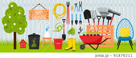 A collection of garden tools and equipment for gardening on the background of a wooden fence and lawn grass.Wheelbarrow, rubber boots, apple tree. Large set of vector illustrations.flat cartoon style 91876211