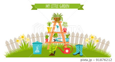 A set of garden tools, a stand for flowers with planters. on the background of the lawn and fence. Fertilizer, seedlings, rubber boots. Horizontal banner. Vector illustration in flat style A set of garden tools, a stand for flowers with planters. on the background of the lawn and fence. Fertilizer, seedlings, rubber boots. Horizontal banner. Vector illustration in flat style 91876212