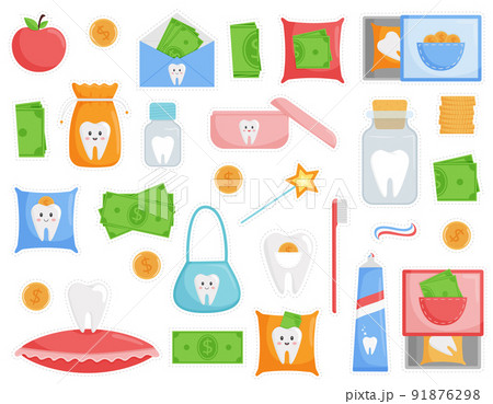 A set of stickers on the theme of a fallen tooth. The tooth is in a bag, boxes, cones, jars. Decorative elements for certificates. Children's dentistry. Flat style, isolated on a white background. 91876298