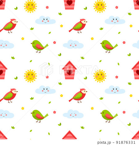 Seamless pattern with birds, twigs, birdhouse sun and cloud. Cute cartoon spring, summer flat vector elements. Children's pattern for textiles and packaging. on a transparent background. 91876331
