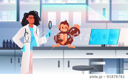 scientist doing experiments in lab woman veterinary worker with experimental monkey biological genetic engineering research 91876781