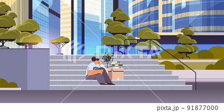 depressed businesswoman in despair sitting on stairs dismissed business man with things unemployment crisis 91877000