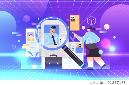 hr manager in virtual reality glasses choosing resume curriculum vitae of new employees job candidates recruitment hiring hr manager in virtual reality glasses choosing resume curriculum vitae of new employees job candidates recruitment hiring 91877173