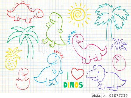 Set of cute hand drawn sketches with dinosaurs. Collection of funny dinos. Sketch on notebook page 91877236