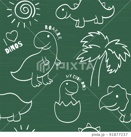 Seamless pattern with cute hand drawn sketches with dinosaurs. Funny dinos on notebook chalkboard 91877237