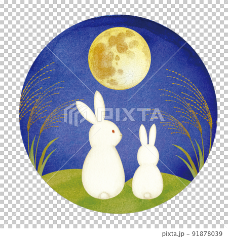 十五夜の月夜のススキの野原でお月見をするうさぎの親子とお供物 91878039