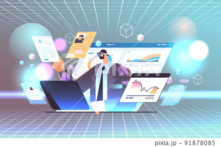 businessman in digital glasses analyzing financial data on charts and graphs vr vision headset innovation metaverse concept businessman in digital glasses analyzing financial data on charts and graphs vr vision headset innovation metaverse concept 91878085