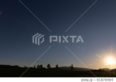 夕日に染まる北海道の草原 91878464