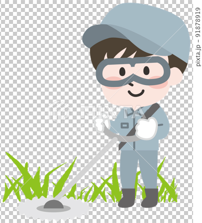 Illustration of a man mowing grass 91878919
