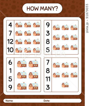 How many counting game with house. worksheet for preschool kids, kids activity sheet 91879055