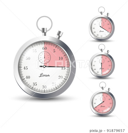 Set of realistic silver stopwatches with different measurements, pink scale 91879657