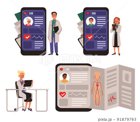 Abstract electronic health records in mobile phone and tablets, flat vector illustration isolated on white background. 91879763
