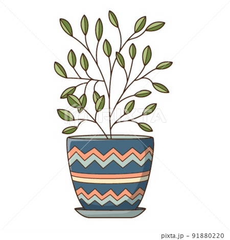 A houseplant in a blue pot with a pattern. Decorative design element with an outline. Doodle, hand-drawn. Flat design. Color vector illustration. Isolated on a white background. 91880220