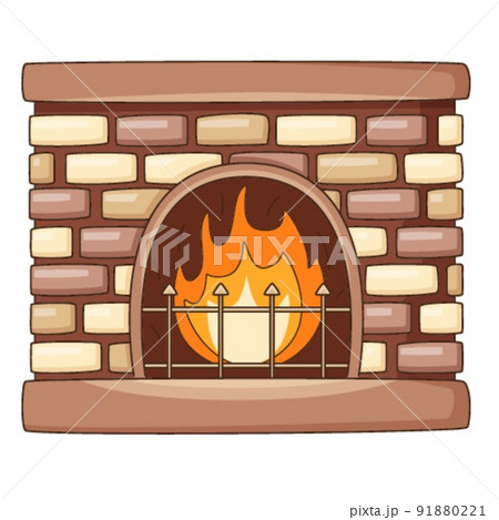 Home brick fireplace with a burning fire. Cozy home, a symbol of autumn. Design element with outline. Doodle, hand-drawn. Flat design. Color vector illustration. Isolated on a white background. 91880221
