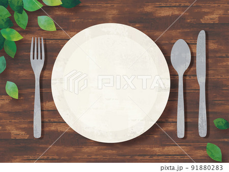 葉と食卓の上の皿とスプーンとフォークとナイフ水彩画 91880283