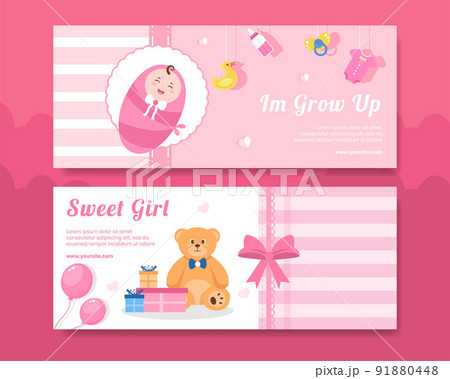 Baby Shower Little Girl Banner Template Flat Cartoon Background Vector Illustration Baby Shower Little Girl Banner Template Flat Cartoon Background Vector Illustration 91880448